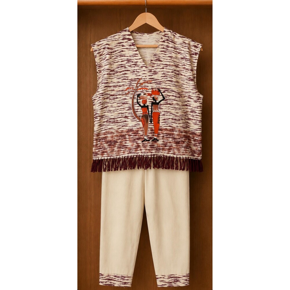 Vintage African Dashiki Poncho Pants Lounge Set Cream Tribal Print Handmade